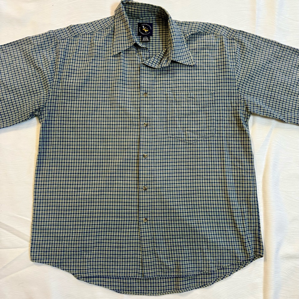 Ferruche NYC Blue Green Plaid Shirt L Cotton Short Sleeve Retro Y2K Workwear EUC